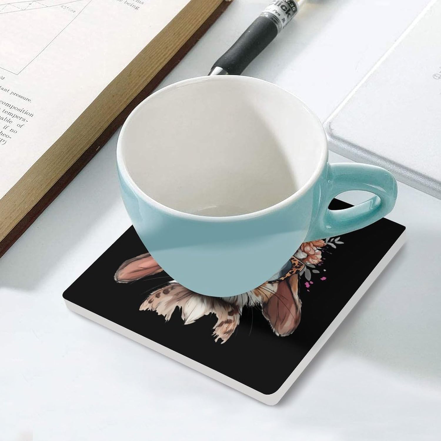 Bunny Leopard Glasses with Flower Crrown Coasters for Drinks Square Ceramic Coasters Cup Mats with Cork Base
