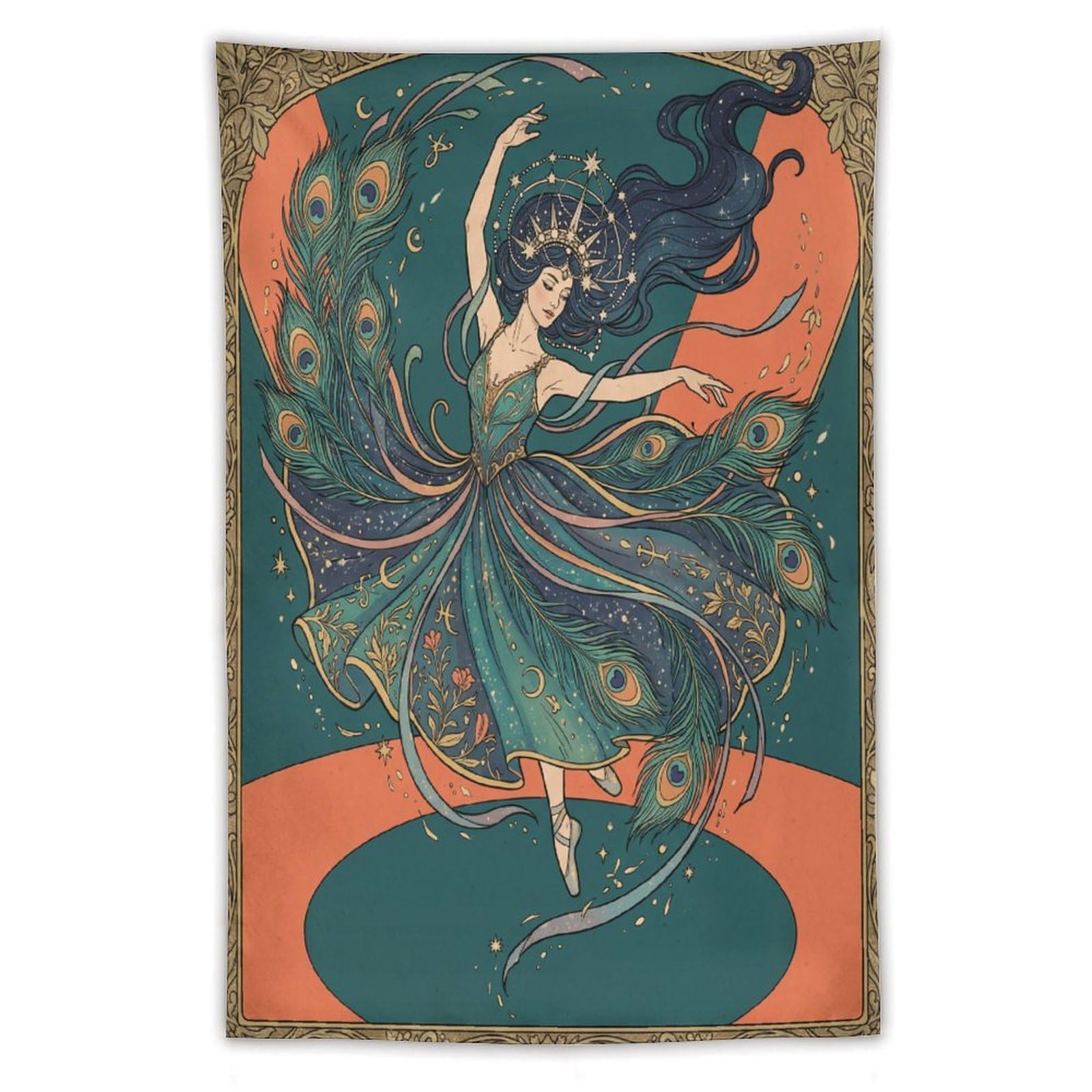 H3B8U2Y5 Peacock Dancer Art Nouveau Wall Tapestry, Symbolist Art