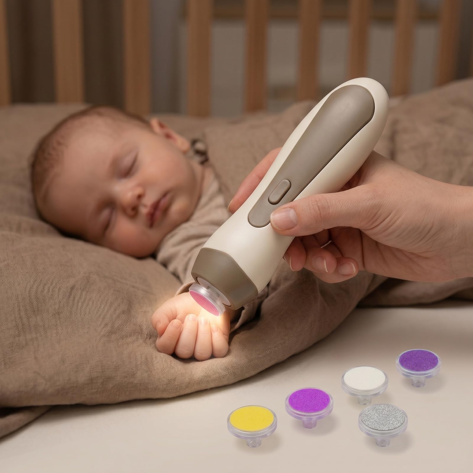 Lime a Ongle Electrique Bebe, Coupe Ongle Bebe avec 6 Têtes, Lumière LED et Boîte de Rangement, Soin Ongles pour Nouveau-Né, Bébé, Adulte, Coupe et Vernis