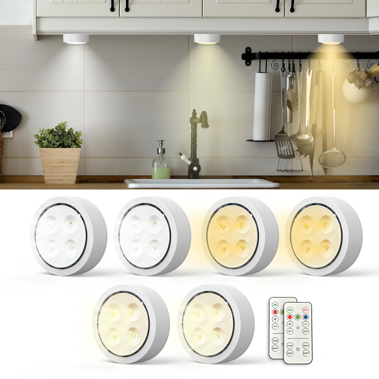 Moman T048 White 6 Pack Under Cabinet Lights, 3 Color Temperature Led Puck Lights With Remote Control, Dimmable Battery Operated Timer Stick On Light For Under Cupboard, Wardrobe, Stairs, Kitchen (T048 White)