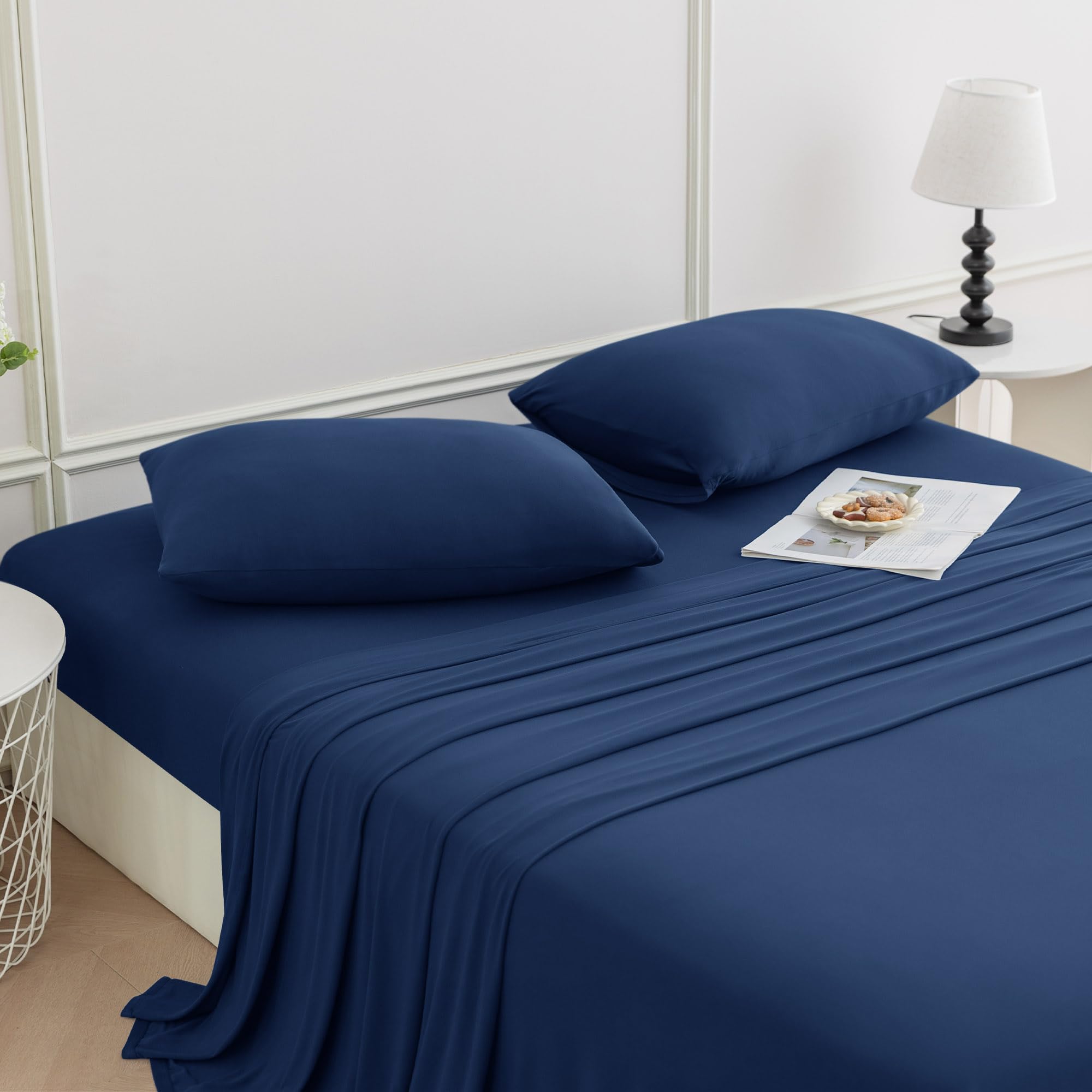 N&Y HOME StretchSnug Sheets Set Queen Size - Stretchy Sheets Deep Pockets, No Slip Stay on Bed, Firm & Tight with Corner Straps - 4 Piece Sets, Navy, Queen/Short Queen
