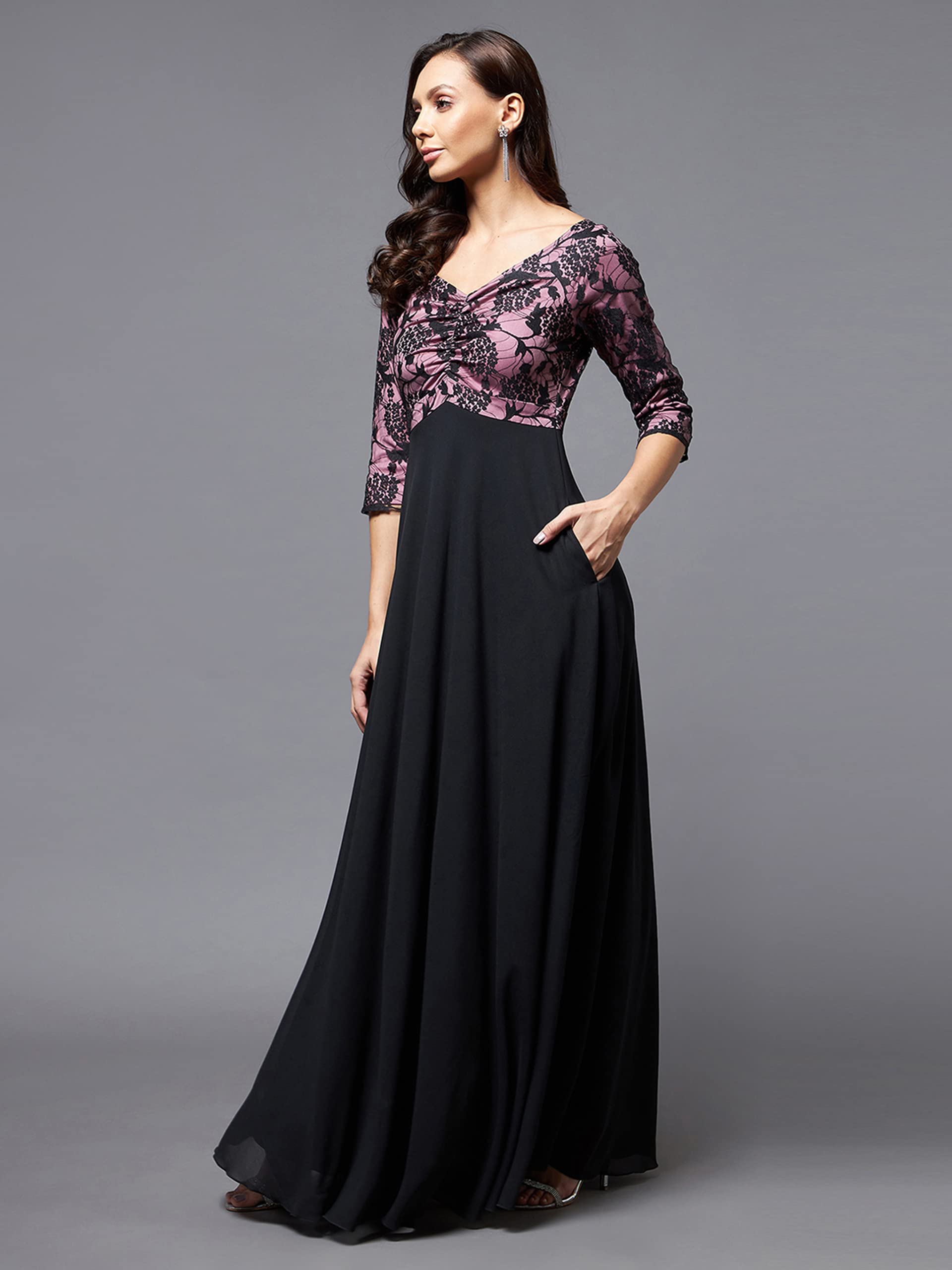 Miss Chase Women's Sweet Heart Neck 3/4 Sleeve Self Design Fit & Flare With Pockets Maxi Dress (Mcss22D13-62-245-04, Black And Lavender, M)