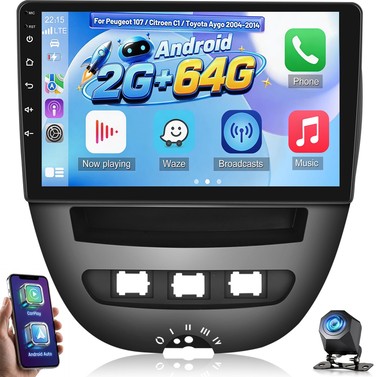 NHOPEEW Autoradio Android 2+64 GB per Peugeot 107 / Citroën C1 / Toyota Aygo 2004-2014 Supporta CarPlay Android Auto, video online, navigazione GPS e comandi al volante temi per l'interfaccia utente