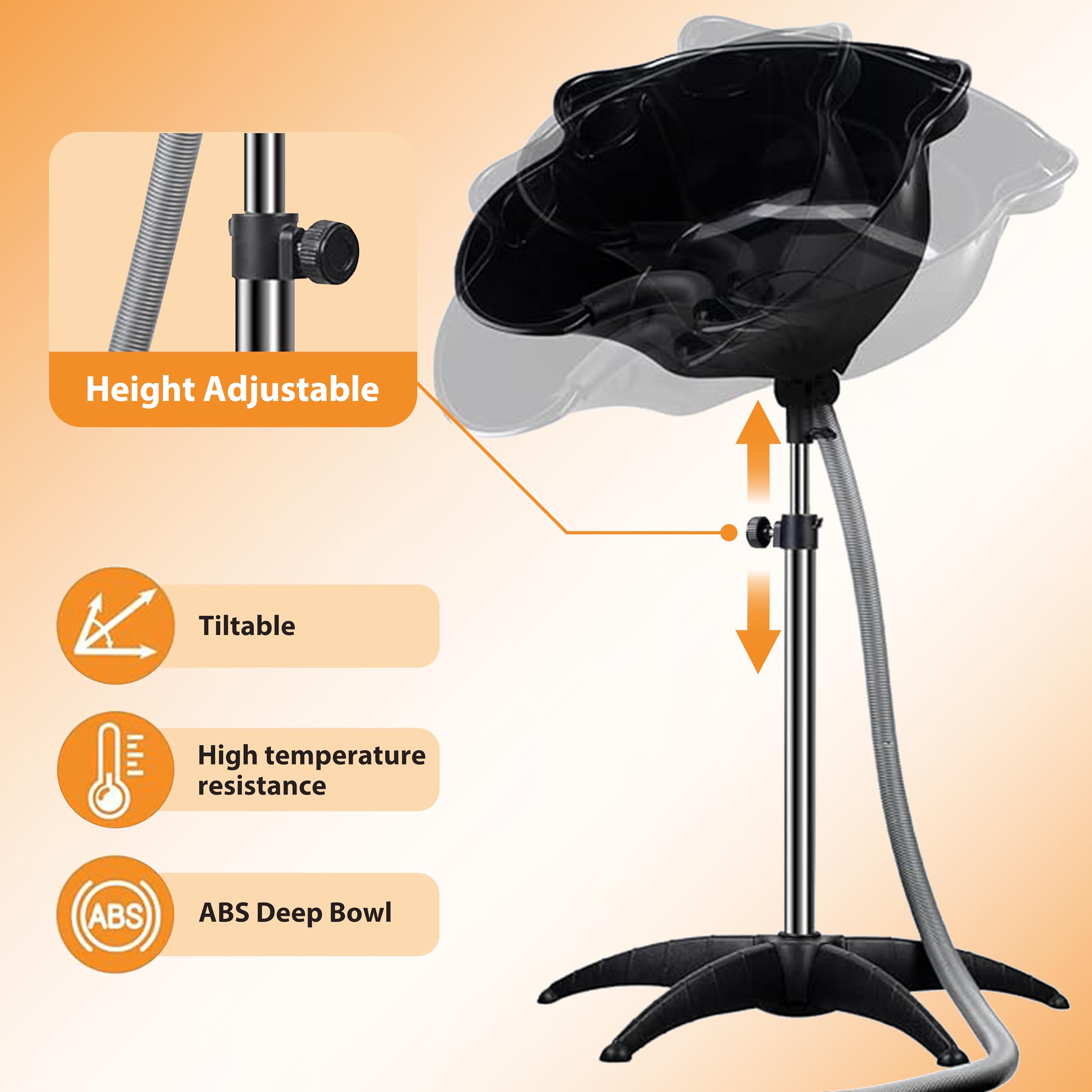 Portable Shampoo Bowl?Shampoo Basin Salon Sink Hair?Height & Angle Adjustable Hair Washing Bowl with Drain Hose?Black