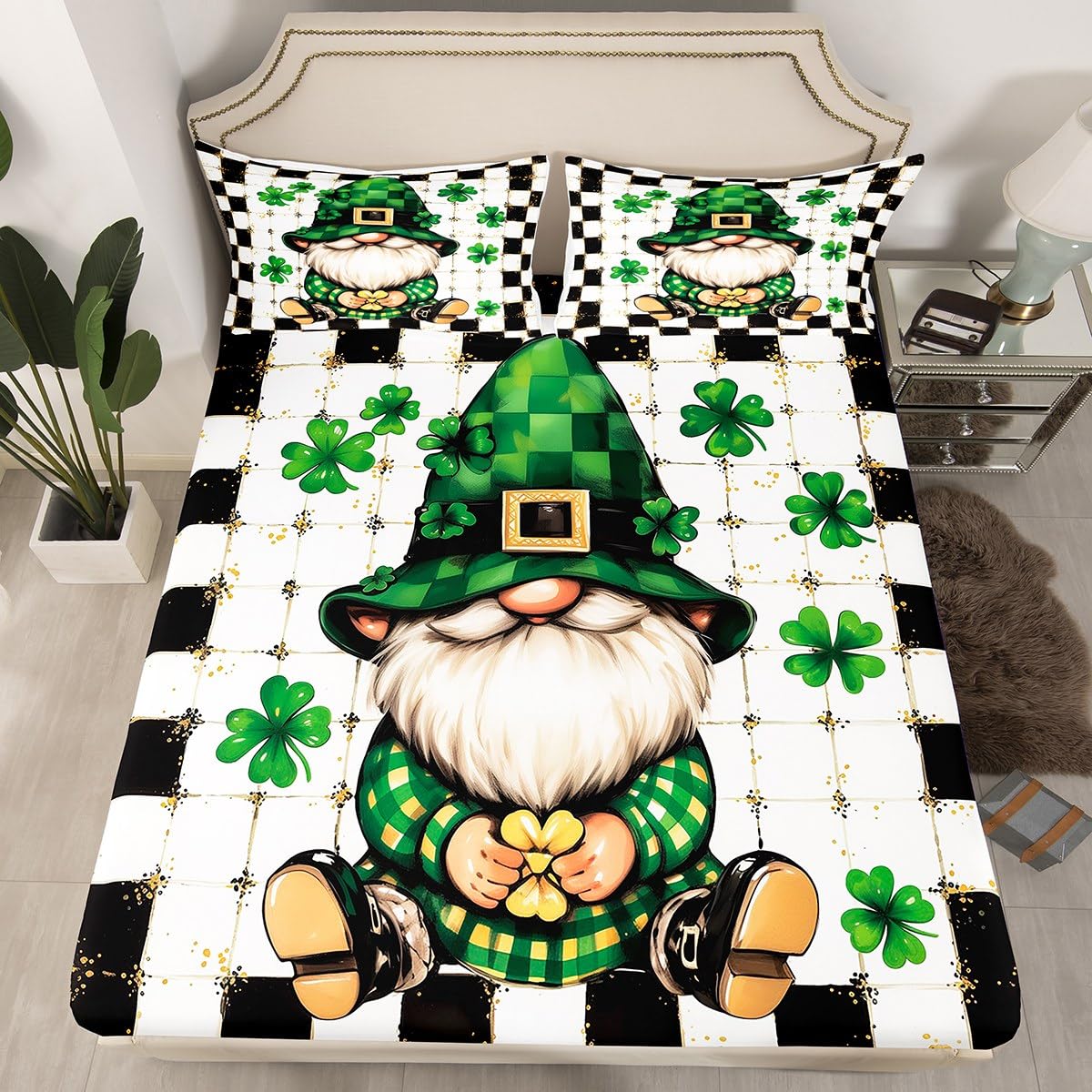 Erosebridal St. Patrick's Day Fitted Sheet Twin Size,Kawaii Spring Gnome Clovers Bedding Set for Child Kids Bedroom Decor,Black and White Buffalo Grid Plaid Sheets,Rustic Farmhouse Sheets