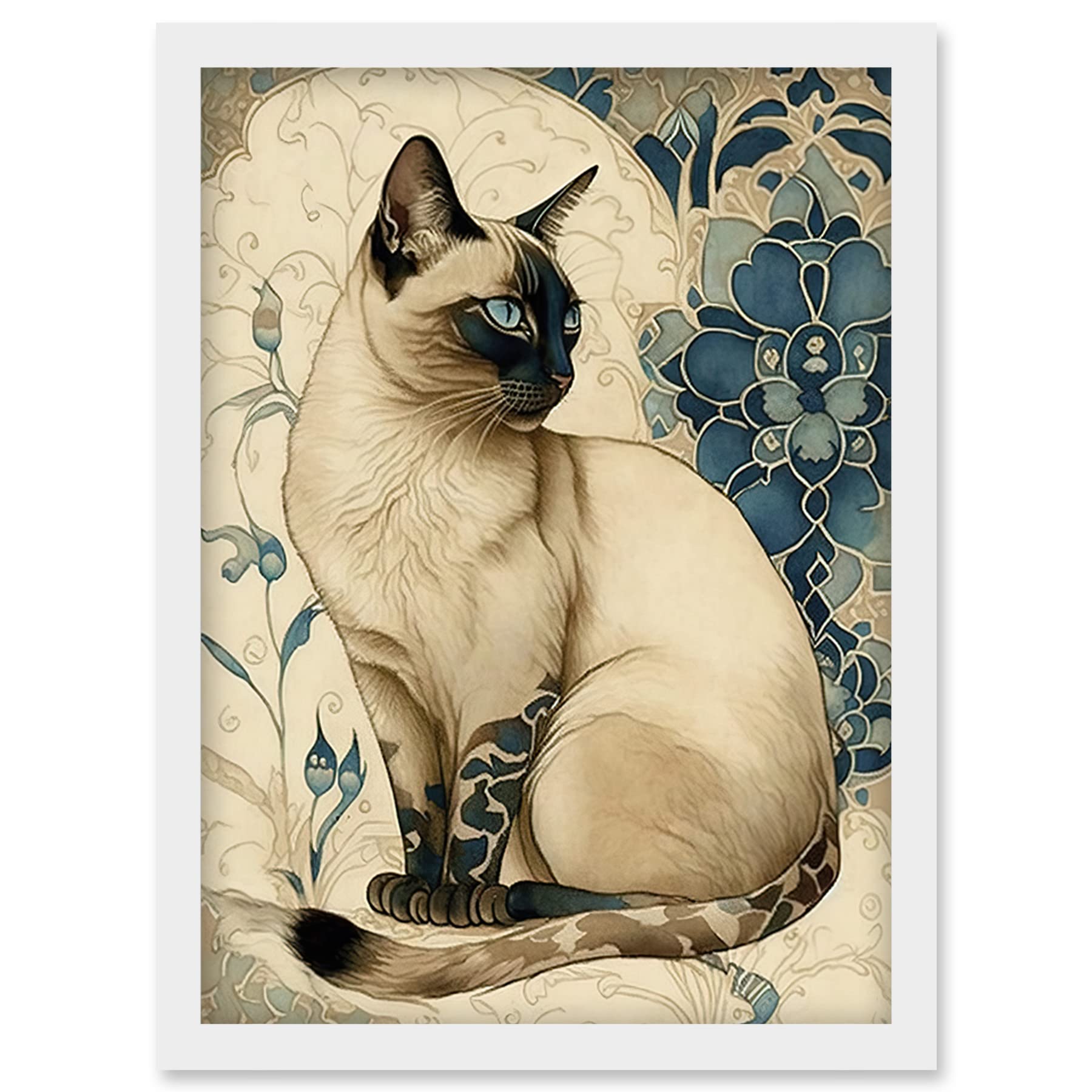 Artery8 Siamese Cat with Blue Flower Pattern Modern Art Nouveau Watercolour Illustration Artwork Framed Wall Art Print A4