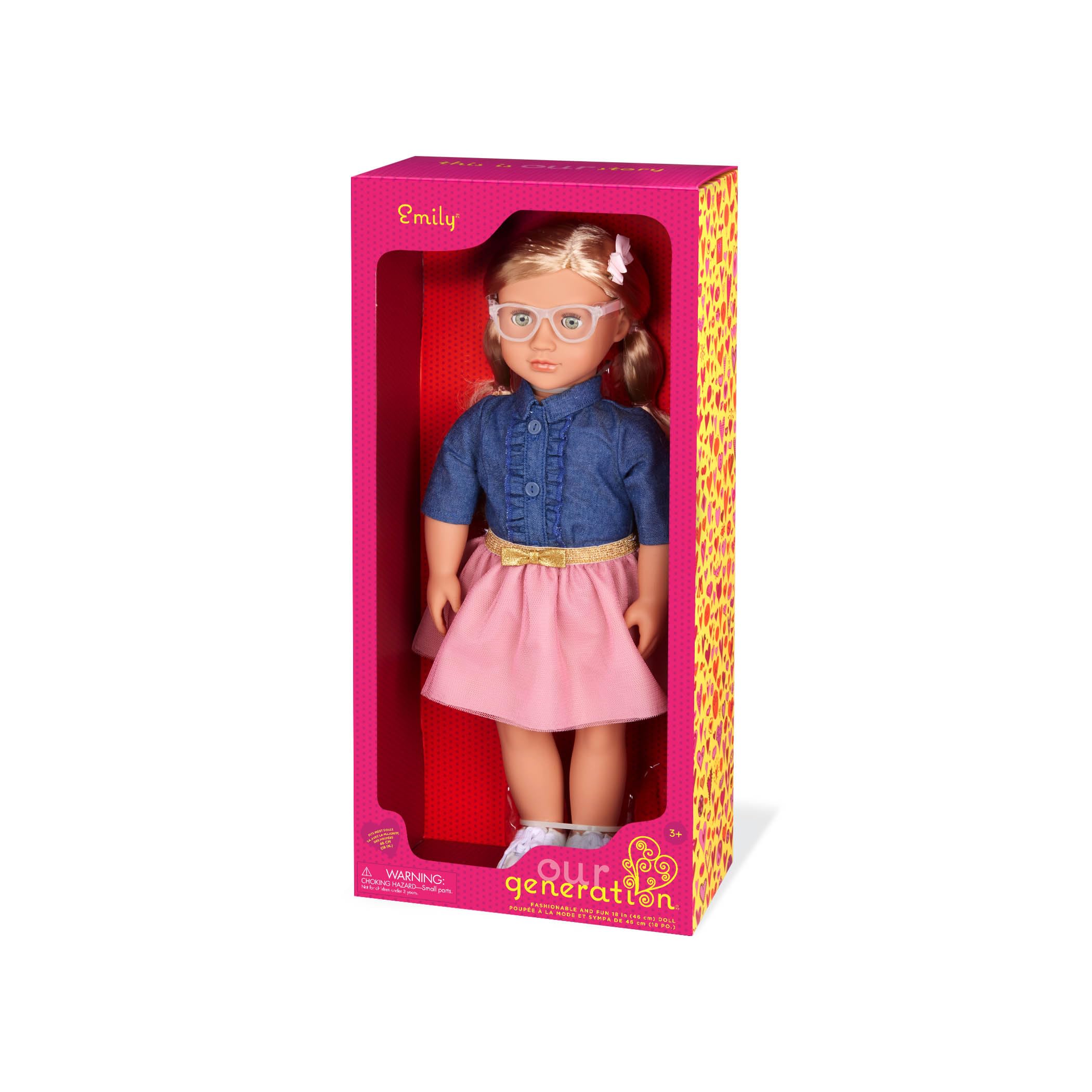 Our Generation – 46 cm Puppe – Blondes Haar & grüne Augen – Puppenkleidung mit Rüschchen-Top und rosa Rock – Rollenspiel – Spielzeug für Kinder ab 3 Jahren – Emily