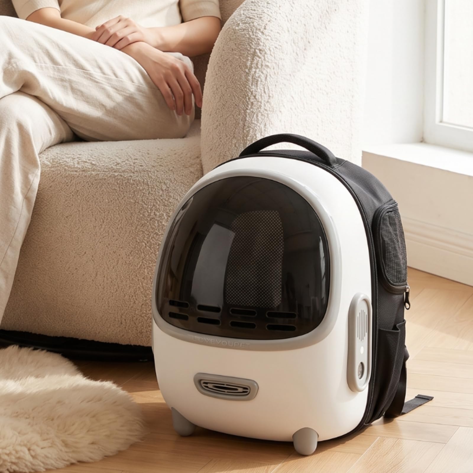 Zaino Trasportino Trasparente Trasportino a Capsula Ventilato Zaino con Capsula per Gatti, Cani di Piccola Taa, Veterinario, Escursione, Bianco, Modello Aggiornato Con Ventola