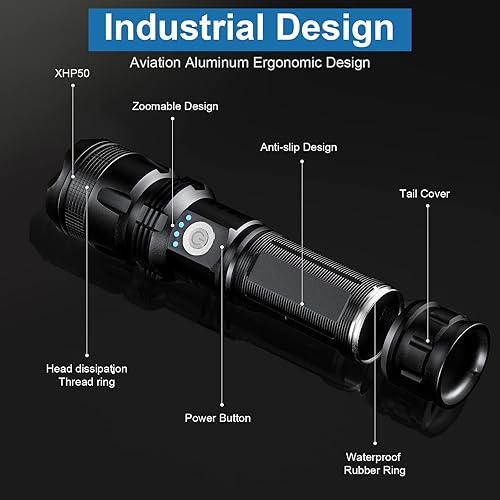 Miniatura 5 de Linternas recargables de 90000 lúmenes altos, paquete de 2, luz LED súper brillante con 5 modos, linterna de mano impermeable más brillante de 12