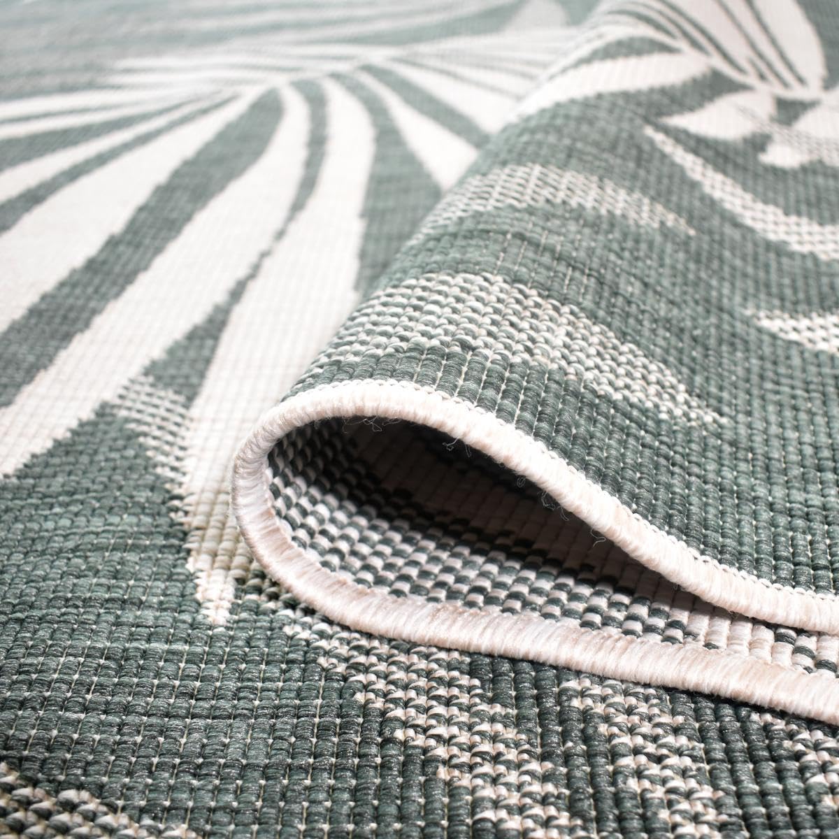Tapis Exterieur, 200 X 290 Cm, Vert, Écru, Motif Nature Floral, Tissage Kilim Réversible, Fabriqué en Belgique, Idéal Grand Salon Terrasse Jardin, 12059