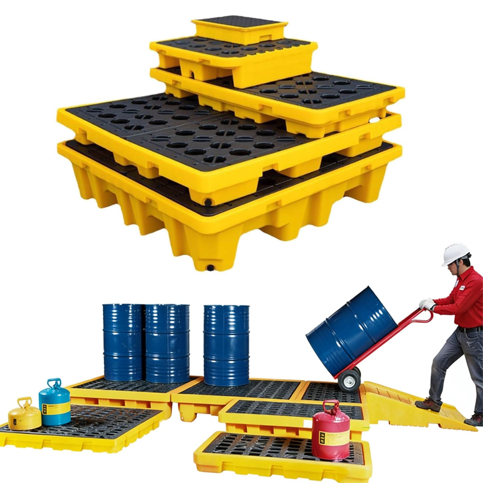 LVSEWOA Leak-Proof Drum Spill Tray with Drain Outlet and Forklift Channels, Stackable Plastic Containment Pallet for Oil Leakage Control