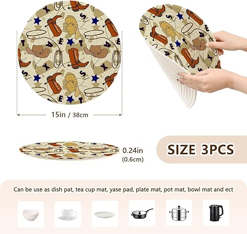 Miniatura 2 de 3 Pcs Microwave Trivet Seamless Cowboy Western Boots Hat for Hot Dishes 15in Cotton Thread Weave Heat Resistant Pad for Instant Pot Camper Must Haves