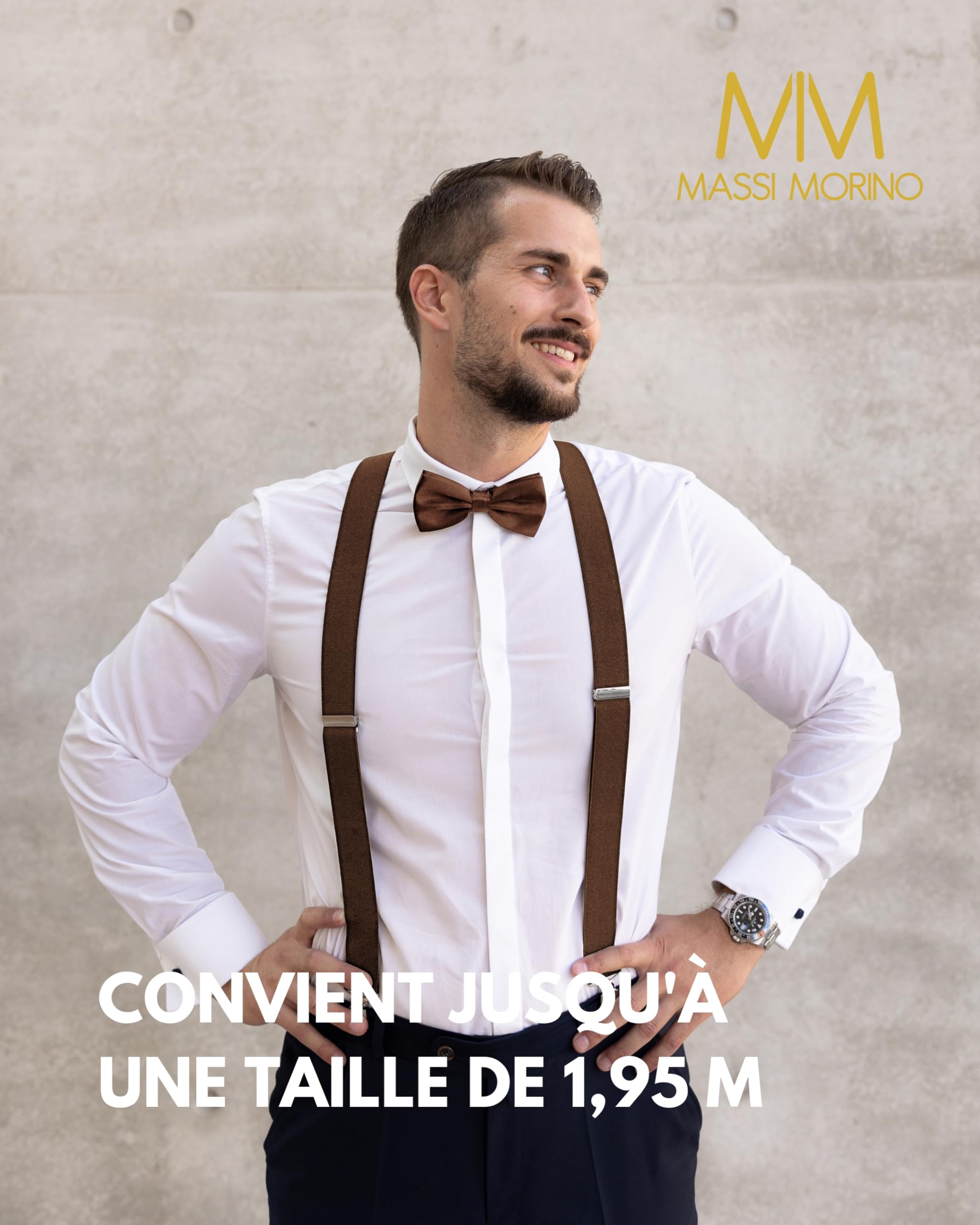 Massi Morino Bretelles avec noeud papillon Set pour hommes et femmes I Bretelles en Y élastiques avec clips extra forts - 3,5cm de large - longueur réglable I Cravate pré-attachée pour costume