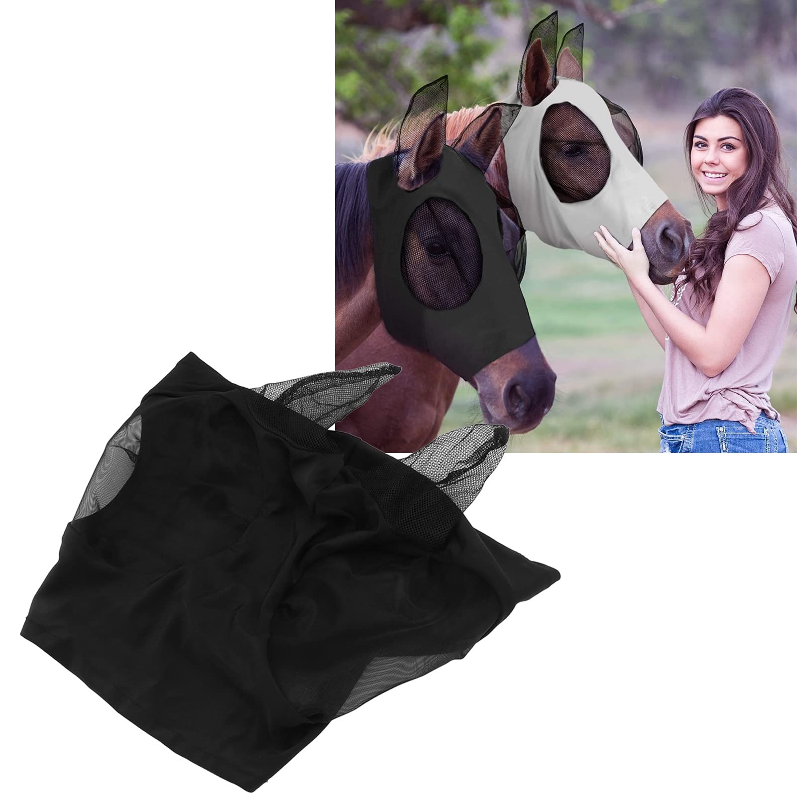 Masque Anti-Mouches Pour Cheval – Challenger 73251 – Maille Respirante, Blanc/Bord Vert, Taille Normale