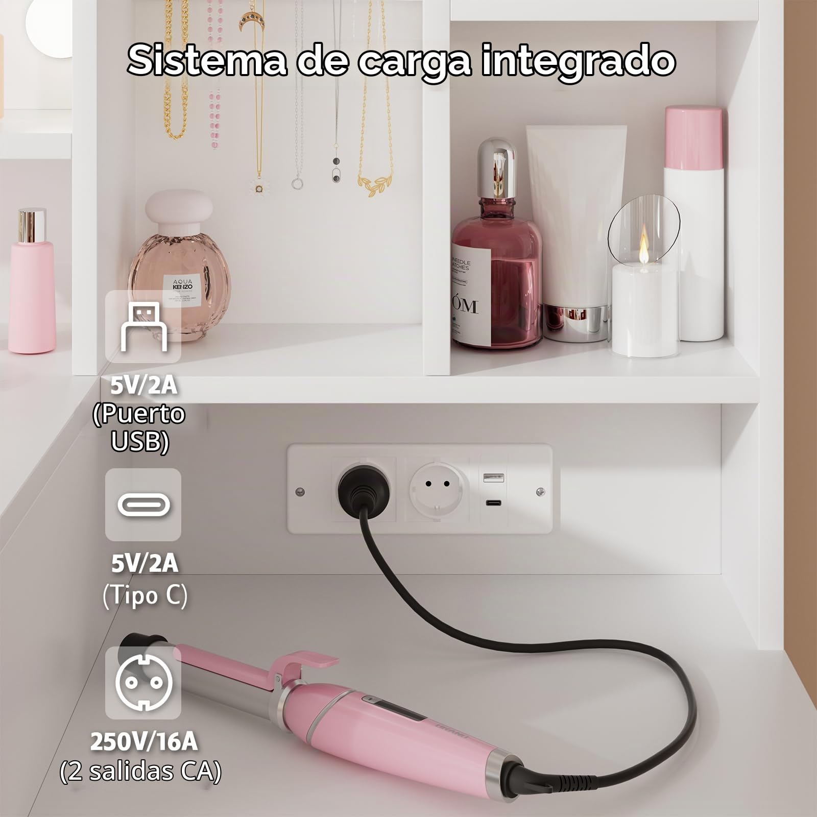 Airfish Tocador de Maquillaje con Espejo y Luz LED, Mesa de Maquillaje Grande con Enchufes, 12 Ganchos para Joyas y 5 Cajones, Tocador con Estantes Abiertos para Dormitorio, Moderno (Blanco)