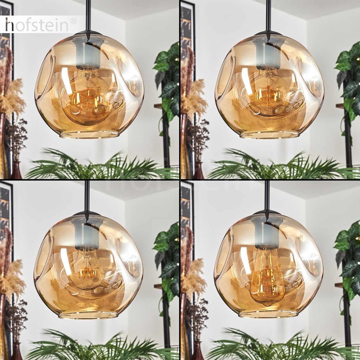 Pendelleuchte Ripoll, Pendellampe aus Metall/Glas in Schwarz/Bernsteinfarben, Leuchte im modernen Retro/Vintage-Design mit Schirmen aus Glas (Ø 20 cm), Höhe max. 132 cm, 3 x E27, ohne Leuchtmittel