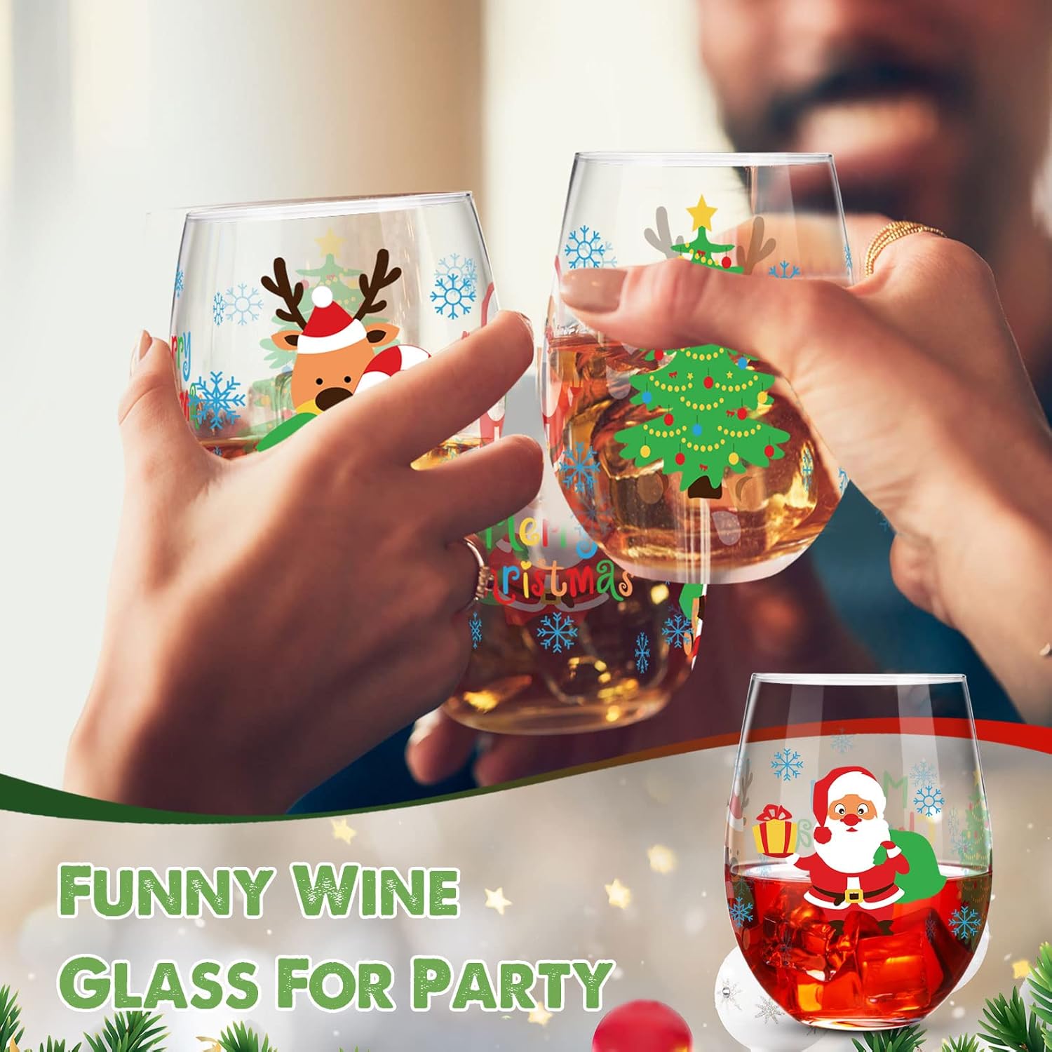 Patelai 4 Pieces Christmas Wine Glass, 17 oz Merry Christmas Stemless Wine Glass Creative Festival Ideal Gifts Cups Tumblers for Women Men Family Friends Holiday Anniversary Party - Image 5