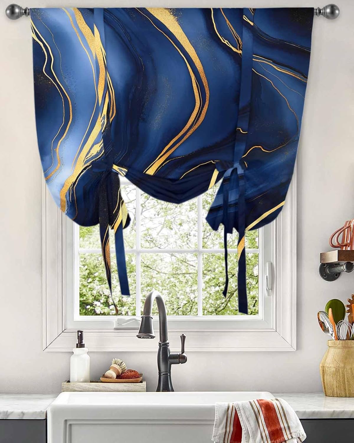Marble Navy Blue Tie Up Curtains for Windows 63 Inch Length Balloon Curtains Kitchen Adjustable Balloon Window Shade Modern Golden Ombre Retro Fluid Art Tie Up Valance Bathroom Curtain Window 46"x63"