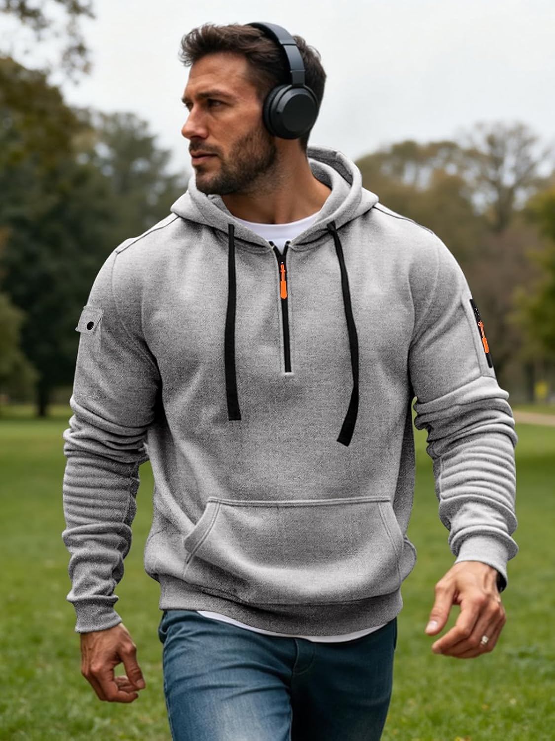 Men's Fleece Workout Athletic Pullover Hoodie Long Sleeve Basic Quarter Zip Pullover Sweatshirt with Kanga Pocket - Image 4