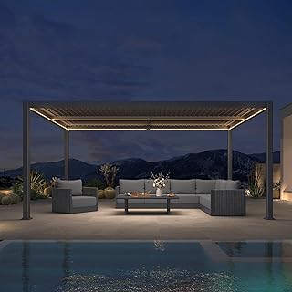 PURPLE LEAF Alu Pergola 3 x 4.8 m mit LED-Lichtleiste Terrassenüberdachung Freistehend Wasserdicht Stabil Winterfest Gartenpavillon mit verstellbaren Lamellen & duales Ladesystem, Grau