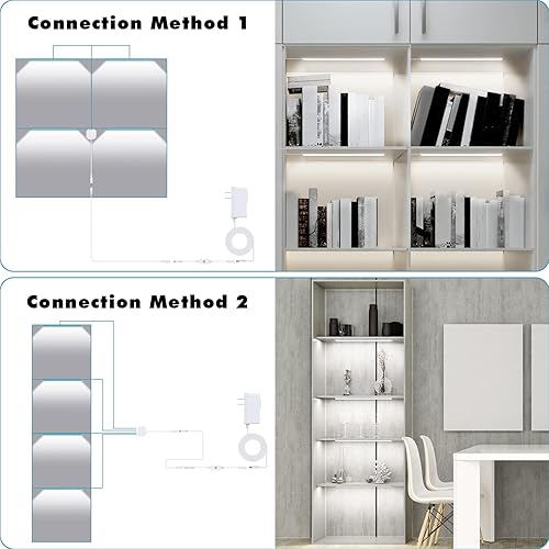 Vista 4 de JUSJUBR Paquete de 4 luces de estante de exhibición de color blanco frío, iluminación debajo del estante con función de memoria, iluminación