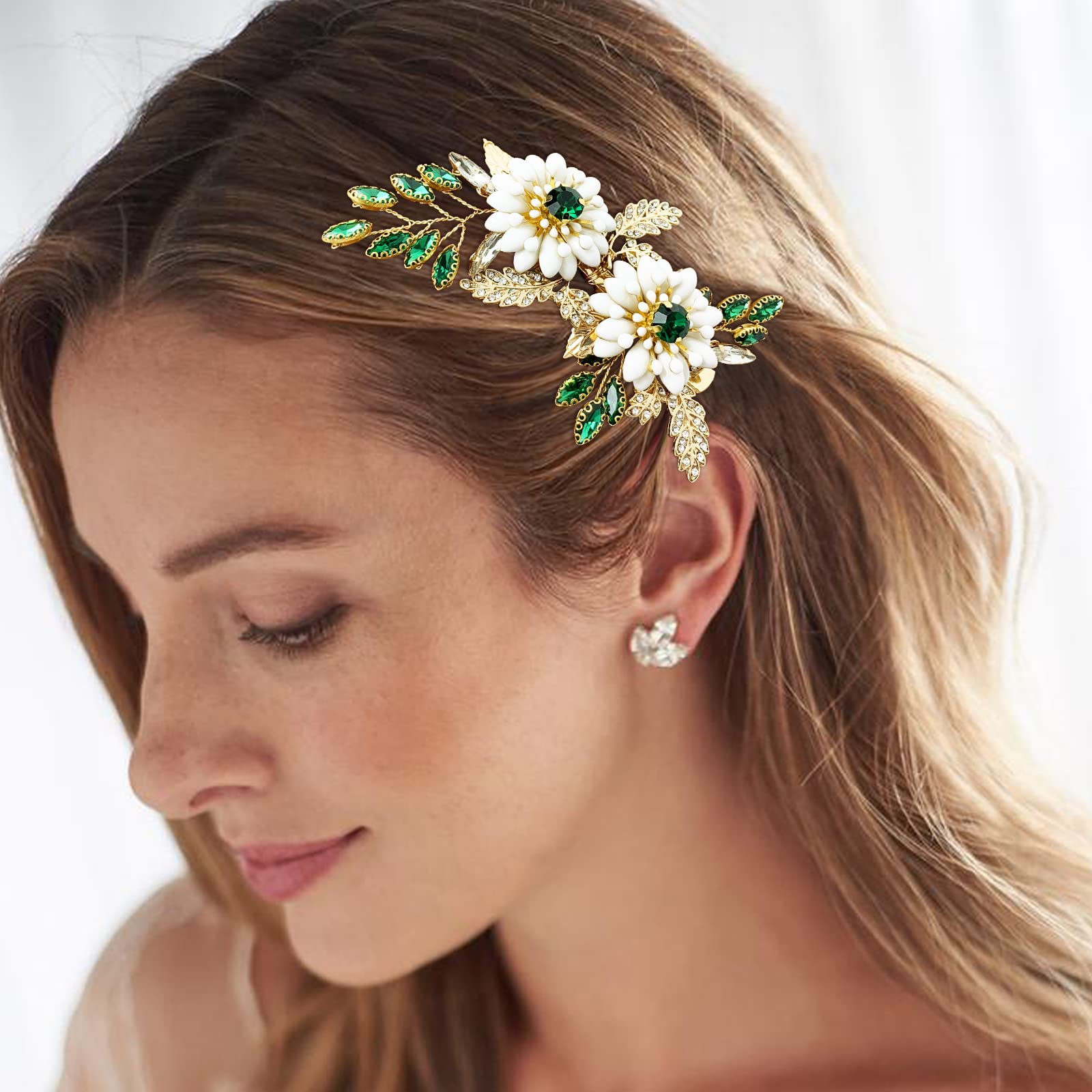 Amazon.com : BETITETO Green Bridal Hair Clip White Enamel  display picture 3