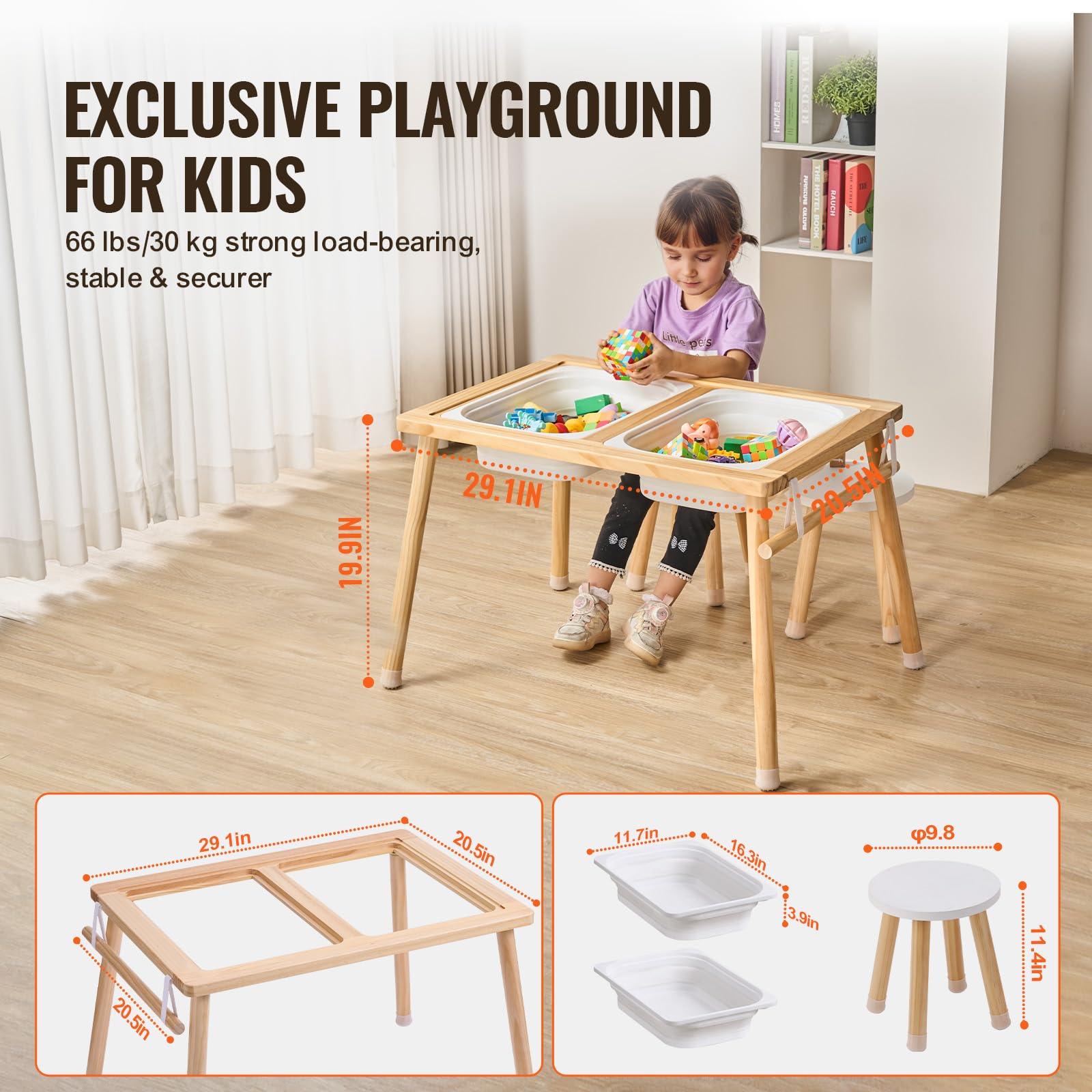 VEVOR Tavolo Sensoriale per Bambini, 2 Contenitori Pieghevoli, Portarotolo di Carta, Tavolo con Sabbia Acqua per Uso Interno Esterno, Tavolo Attività, Tavolo da Disegno Sensoriale in Legno per Bambini