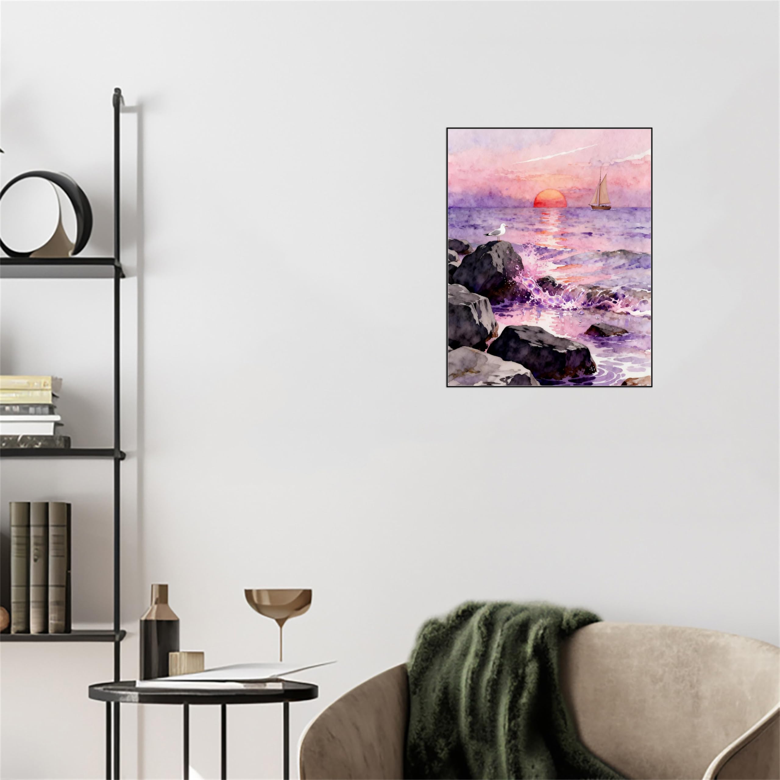 OZPWBVY Meer Leinwandbild-Strand Sonnenuntergang Boot-Küsten Landschaftsbilder für Wohnzimmer Schlafzimmer Fertig zum Aufhängen 80x105cm Schwarz Rahmen