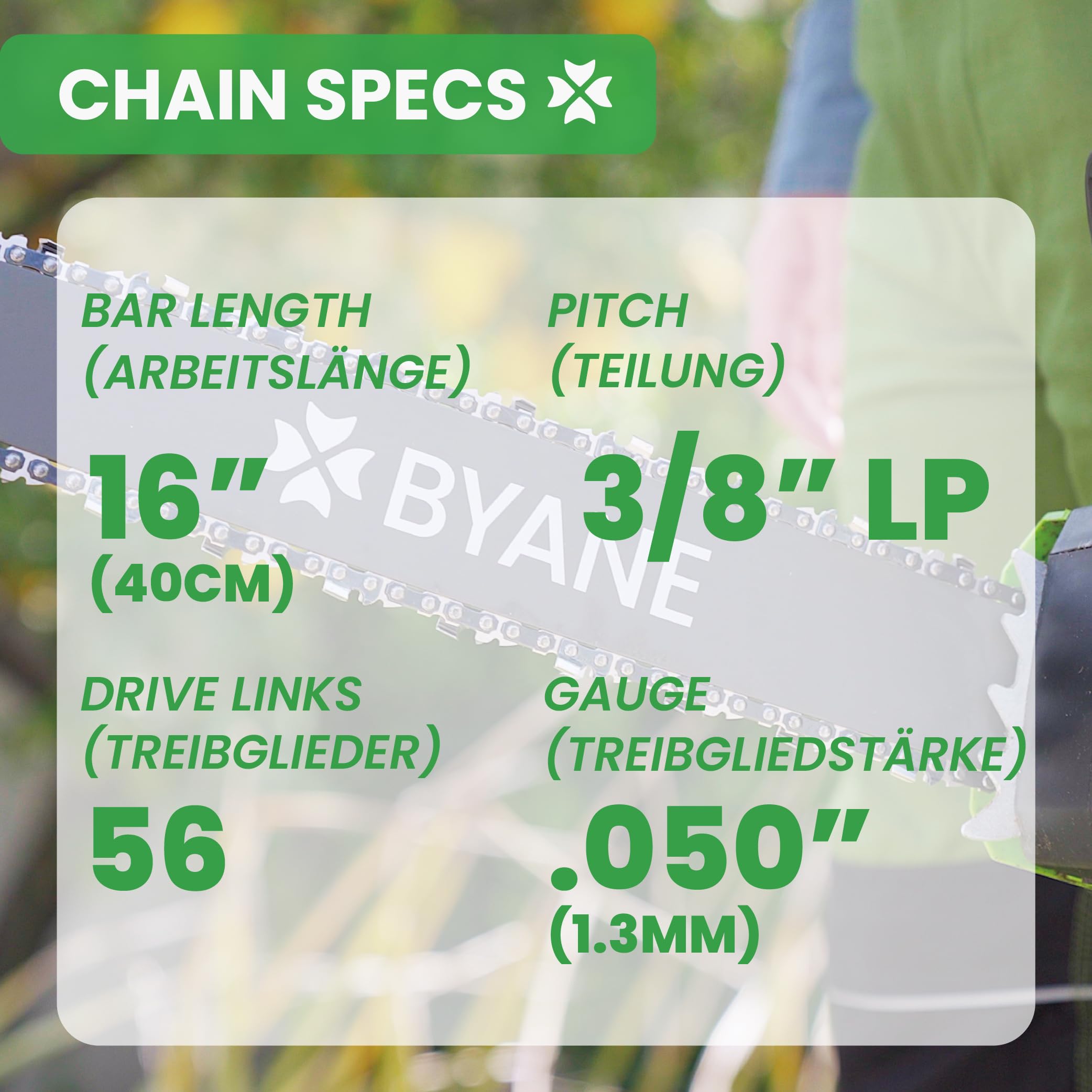 Byane 3-Pack Chainsaw Chain 3/8" LP Pitch, .050" (1.3 mm) Gauge for 16" (40cm) Bar, 56 Drive Links - Image 2