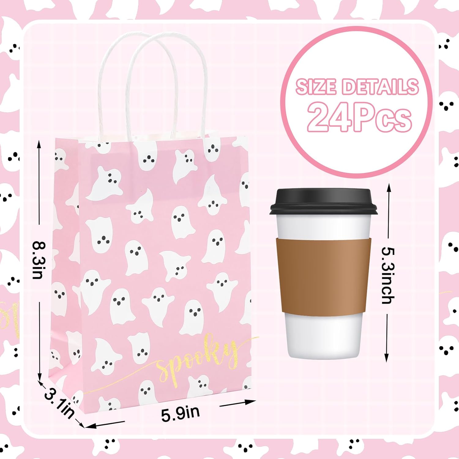 JarThenaAMCS 24Pcs Halloween Paper Gift Bags with Handles Pink Ghost Party Favor Bags Candy Goodie Treat Bags for Halloween Birthday Party Supplies - Image 2