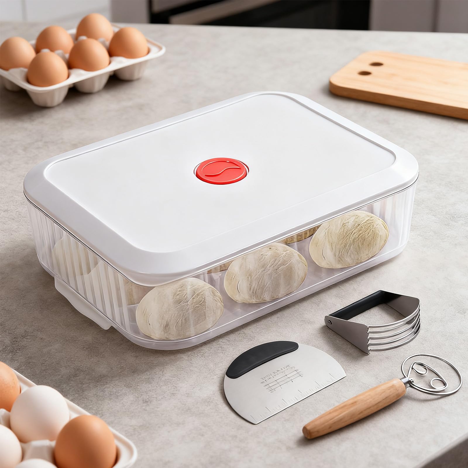 Pizzateig Box mit Deckel 31 x 23 x 9 cm, Backset mit 3 Helfern | Transparenter Teigbehälter zeigt die Teigentwicklung und ergänzt das Vorbereiten von Pizza oder Brot mit drei Backhelfern.