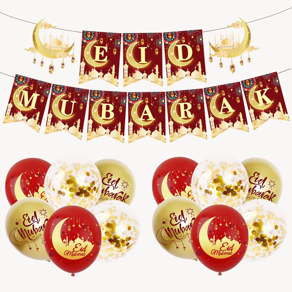 Eid Decorations for Home Set,Red Gold Eid Mubarak Banner Bunting &12Pcs EidMubarak Decorations Balloons Ramadan Mubarak Decoration for Home Hanging,Muslim Islamic Ramadan Kareem Party Decorations