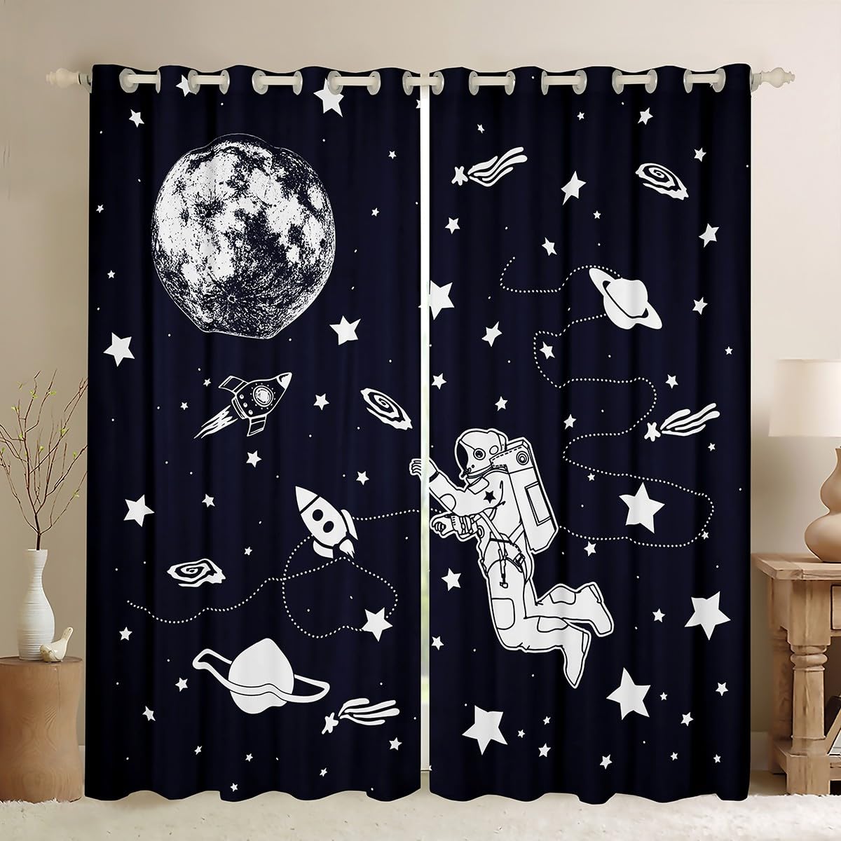 Homemissing Solar System Curtains for Bedroom Outer Space 30%-50% Blackout Curtains for Kids Adults Universe Planets Window Drapes Cute Astronaut Blue White Window Treatments W46*L54