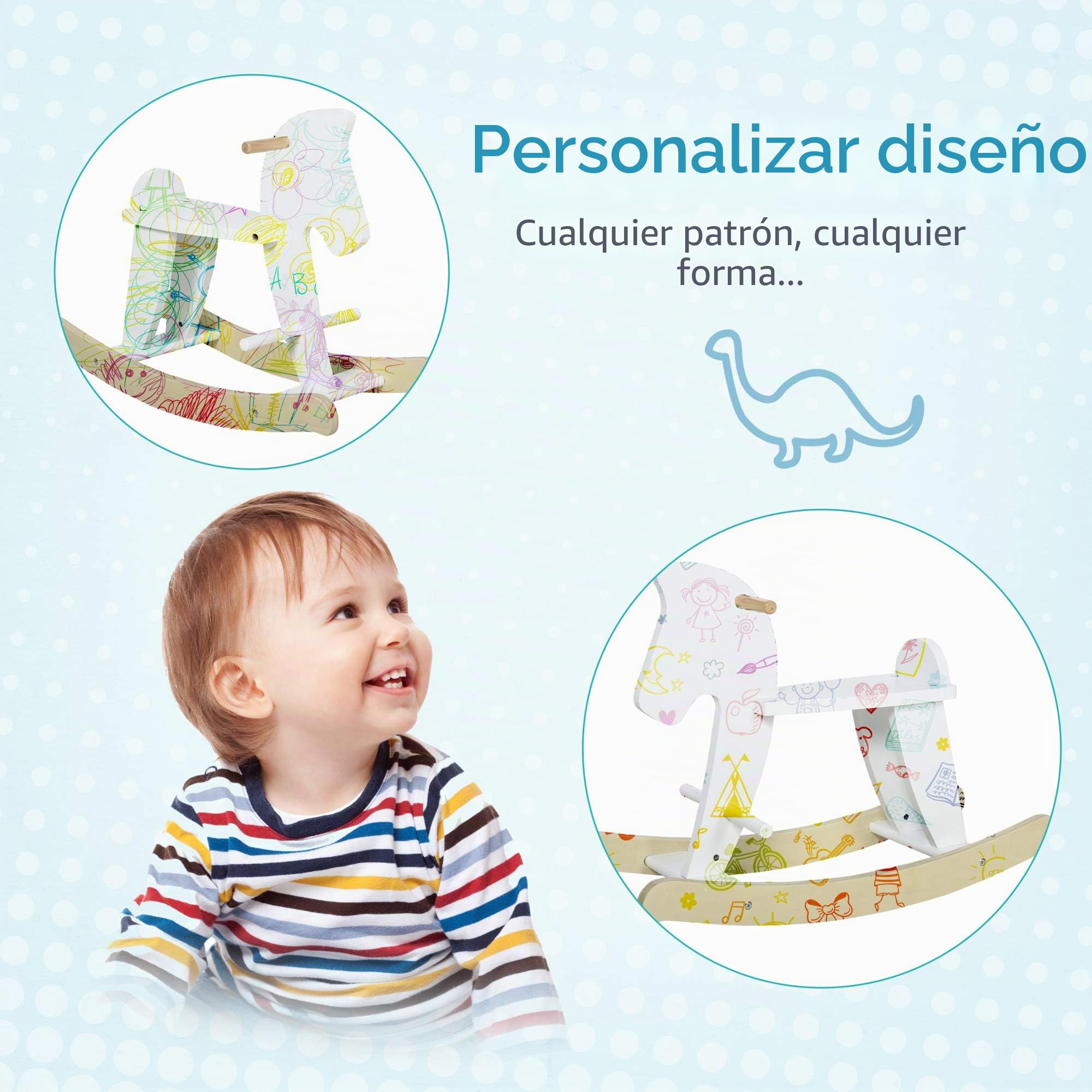 HOMCOM Caballo mecedor de Madera – Juego de Palanca con Asas, reposapiés y topes – MDF contrachapado Blanco y Madera Natural