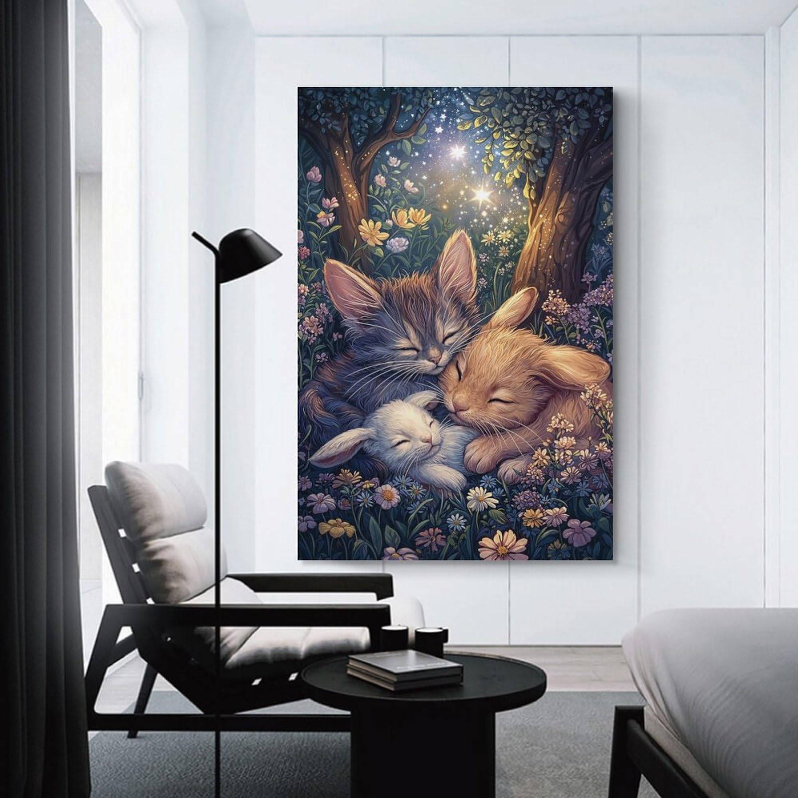 Junmoney Sleeping Kittens And Bunnies Decorative Wall Artwork, 20x30inch(50x75cm), for Home Lounge, Bedroom Or Reading Nook, Easy Decor for Gallery Walls