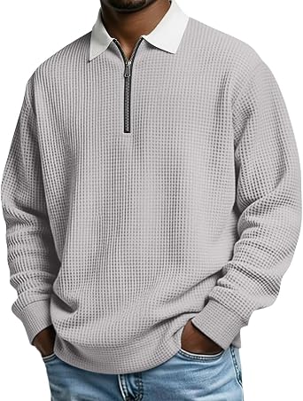 Mens Quarter Zipper Polo Shirts Long Sleeve T-Shirts Collared Casual Pullover Outdoor Waffle Sweatshirts