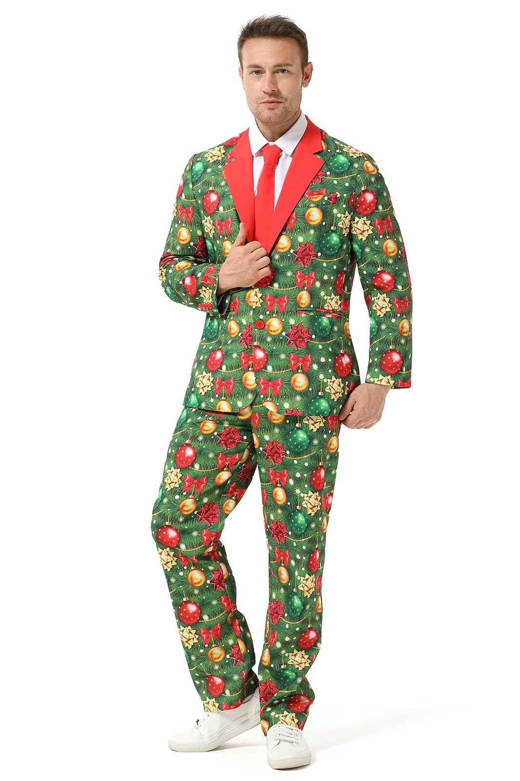 Men's Christmas Party Suit Funny Costume Novelty Xmas Jacket Trousers with Tie Nice to Bow You Large