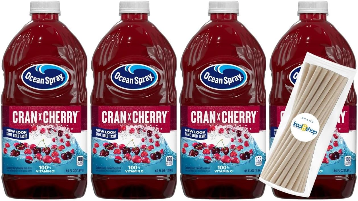 Cran Cherry Juice Drink 64 fl oz Plastic Bottle 4 Pack + 15 Sugarcane Disposable Straws by KOOL8SHOP Infinite Deals