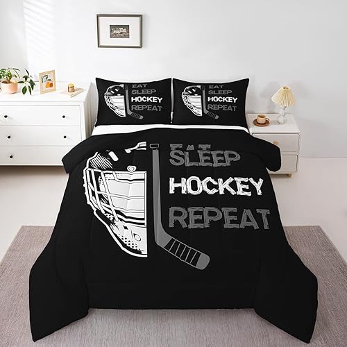 Erosebridal Edredón de hockey tamaño individual para niños y adolescentes, ropa de cama de hockey negro y gris para comer, decoración de dormitorio,