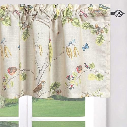 Leeva Cortinas con patrón de pájaros para cocina, cortinas con cenefa estilo granja coloridas para sala de estar, cortina con bolsillo para barra de