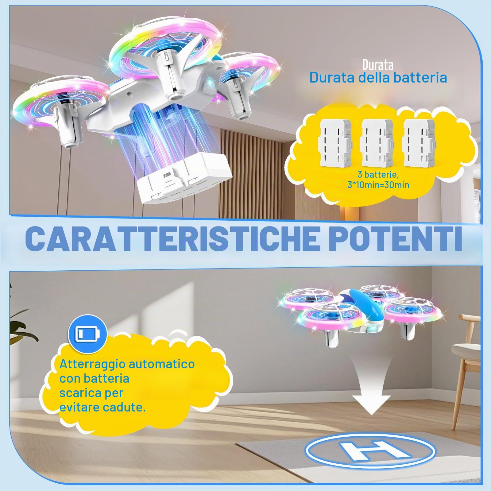 Mini Drone per Bambini con Luci LED Colorate – Giocattolo Volante con Rotazione a 360°, 2 Velocità, Decollo/Atterraggio Automatico – Per Principianti, Ragazzi e Ragazze da 6 7 8 9 10+ Anni | 360° Flips, luci LED per interni ed esterni, aereo RC con 3 batt