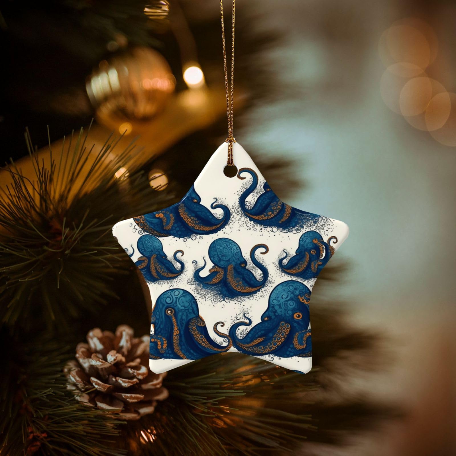 Christmas Ornaments for Christmas Tree Decoration Hanging Tentacles Octopus Ornament with Gold Ribbon Crafts Star Shape Ceramic Pendant for Keepsake Gifts Xmas Decor Party Supplies