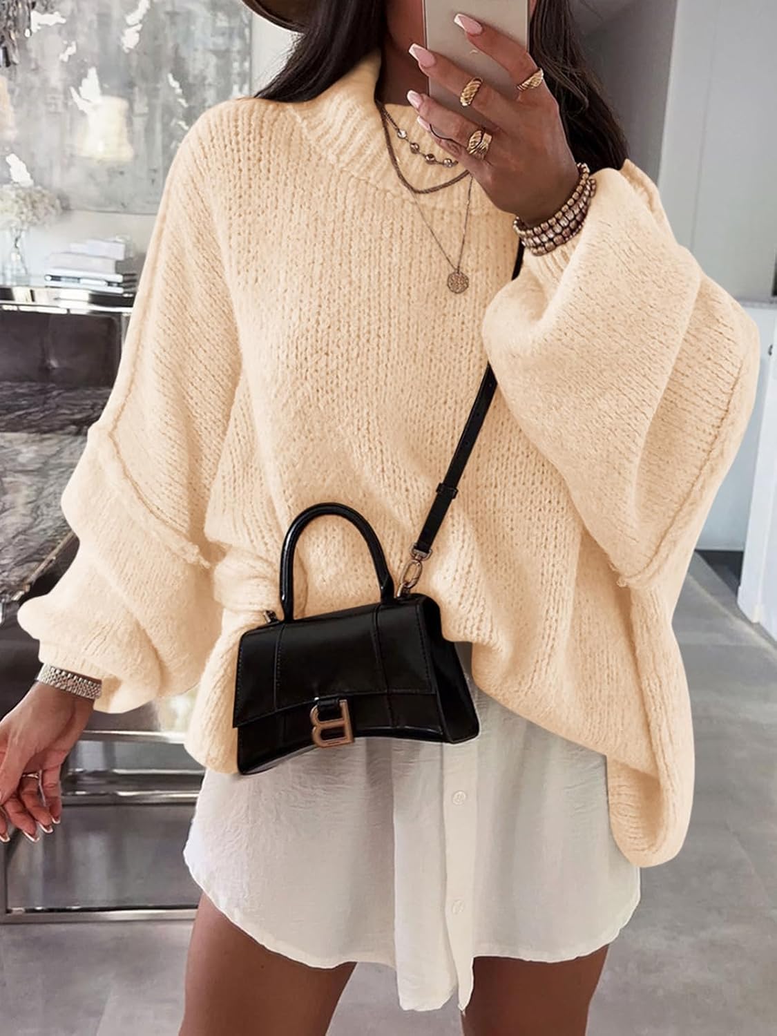 Saodimallsu Womens Oversized Sweaters Mock Neck Batwing Long Sleeve 2026 Fall Trendy Ribbed Knit Casual Tunic Sweater - Image 3