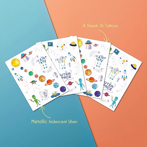 Miniatura 3 de PapaKit Outer Space - Juego de tatuajes falsos temporales, 4 hojas de 38 estilos con lámina plateada metálica, suministros de regalo de fiesta de