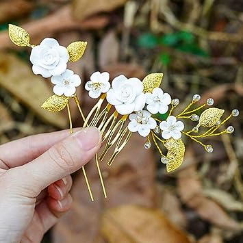 Aukmla Bride Wedding Hair Combs Flower Hair Pins Pearls Hair Accessorise Leaf Hair Piece for Women HC-24 (Gold)