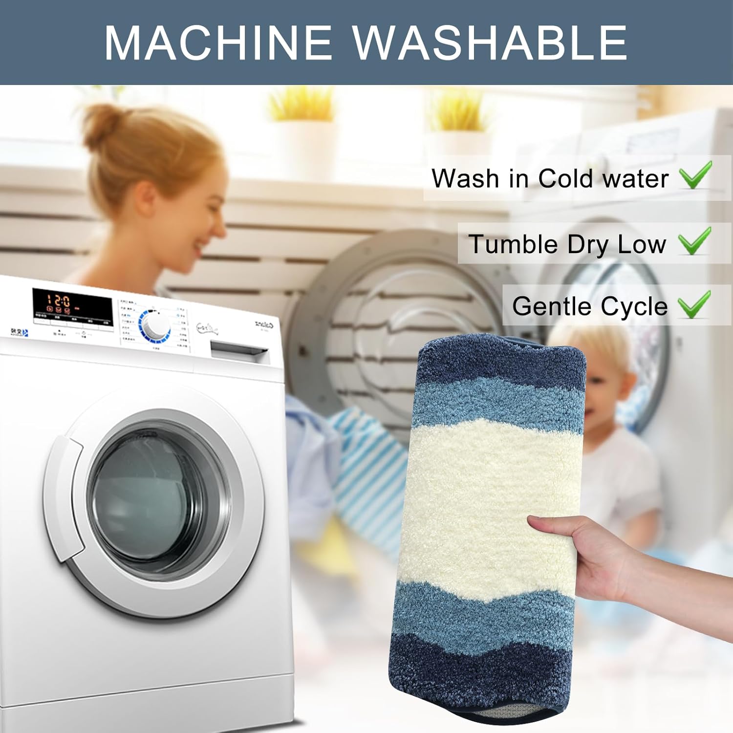 HAOCOO Bathroom Rugs 18x25 inch, Extra Soft Non Slip Blue Irregular Shape Bath Rugs, Microfiber Absorbent Washable Small Rug Bath Mats for Bathroom Floor Door Mat Tub Shower - Image 6