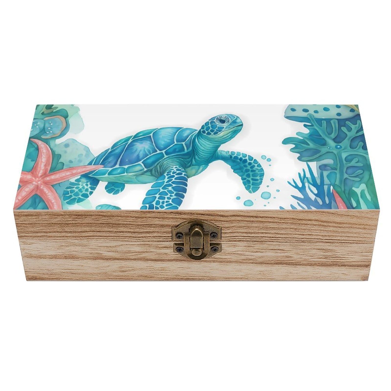 HLBSDM Artistic Teal Sea Turtle & Colorful Coral Retro Wooden Storage Box Jewelry Art Gift Boxs Decorative Keepsake Boxes