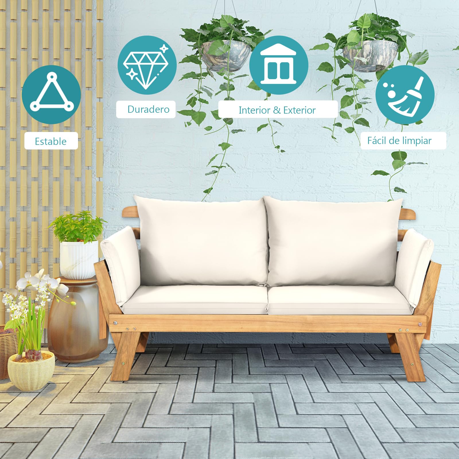 GOPLUS Sofá Cama de Jardín 2 Plazas, 3 en 1 Sofá Exterior Convertible en Tumbona y Cama Individual, Banco de Madera de Acacia con Cojines y Reposabrazos Ajustables, Terraza Patio Piscina (Blanco)