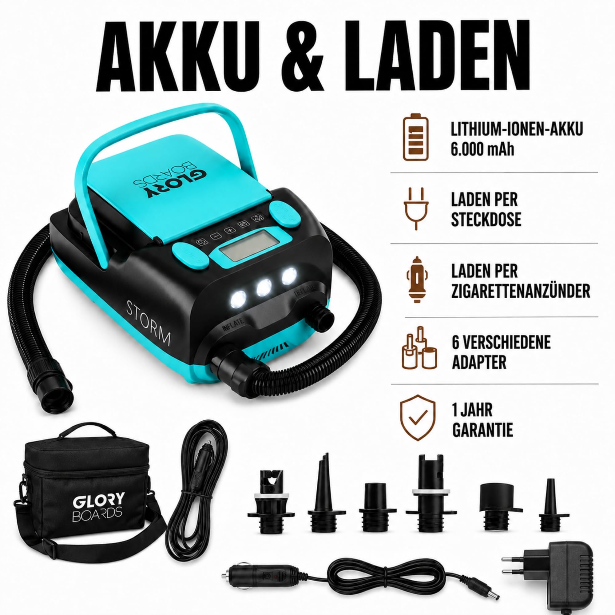 GLORY BOARDS® - SUP Pumpe Akku | elektrische Pumpe SUP | 20 PSI Hochdruck | elektrische Luftpumpe mit 6 Adapter für Stand up Paddle Boards, Boote, Kajak, Luftmatrazen, Zelt | 230V & 12V Ladefunktion