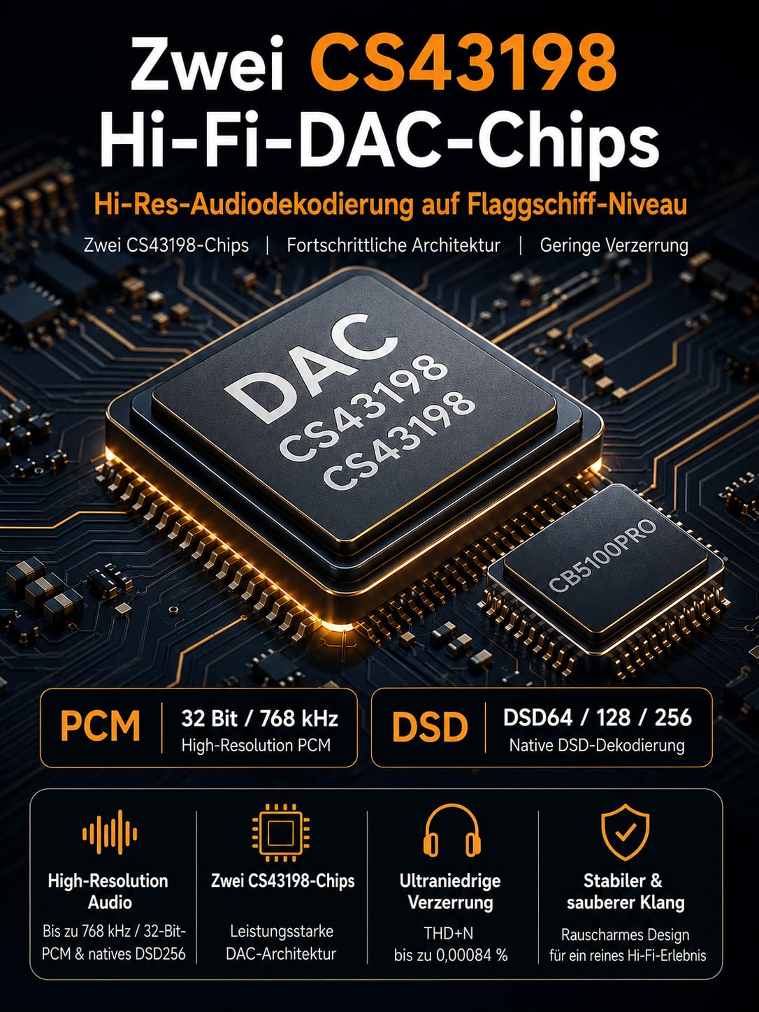 USB-C DAC Kopfhörerverstärker, 3,5 mm und 4,4 mm, HiFi DAC Dongle mit CS43198, 32 Bit/768 kHz, DSD256, tragbarer Audioadapter für Smartphone, Tablet, Laptop und PC, Orange